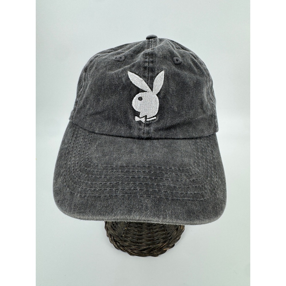 Playboy Baseball Cap Mens OS Charcoal Grey Acid Wash Rabbit Logo Dad Streetwear